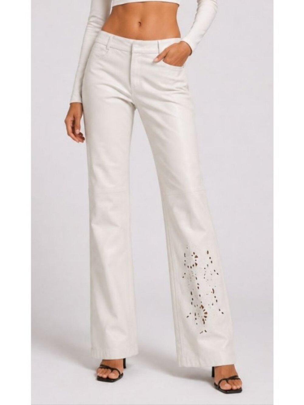 Express Design Studio Leather Pants White Low Rise Bootcut Laser Cut Y2K 90's